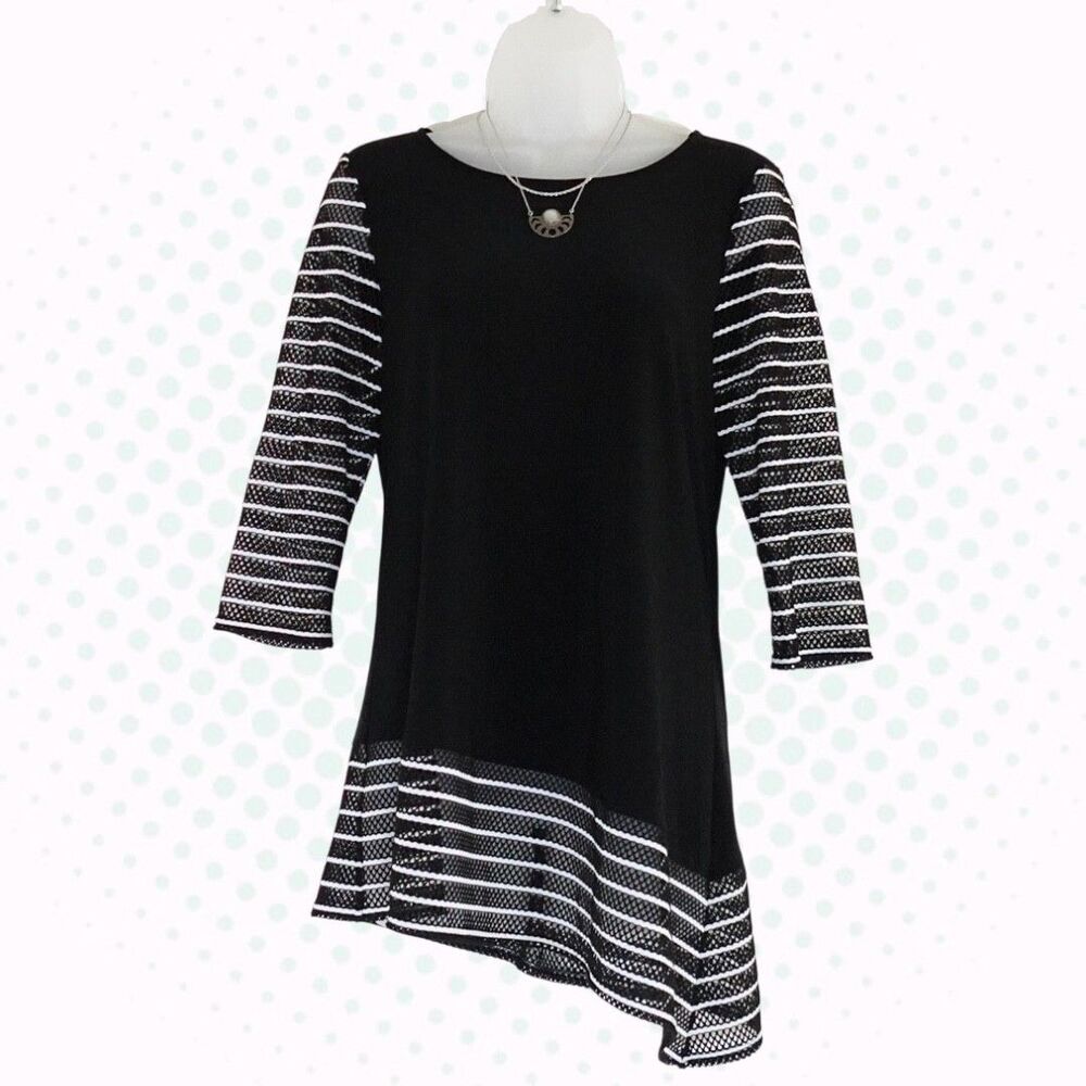 Joseph Ribkoff Black & White Striped Mesh Detail Asymmetrical Tunic Top Size 6